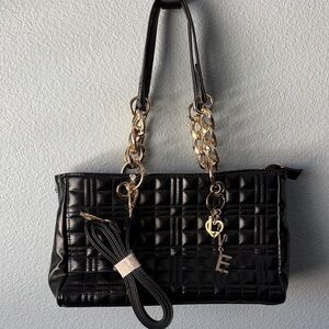 Black Quilted Shoulder Bag with Gold Chain Accents